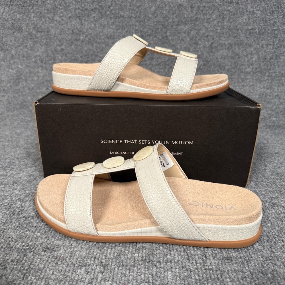 Vionic Size 8 Slide Sandals Tan Leather‎ Jeweled Serra Comfort Vacation Walking